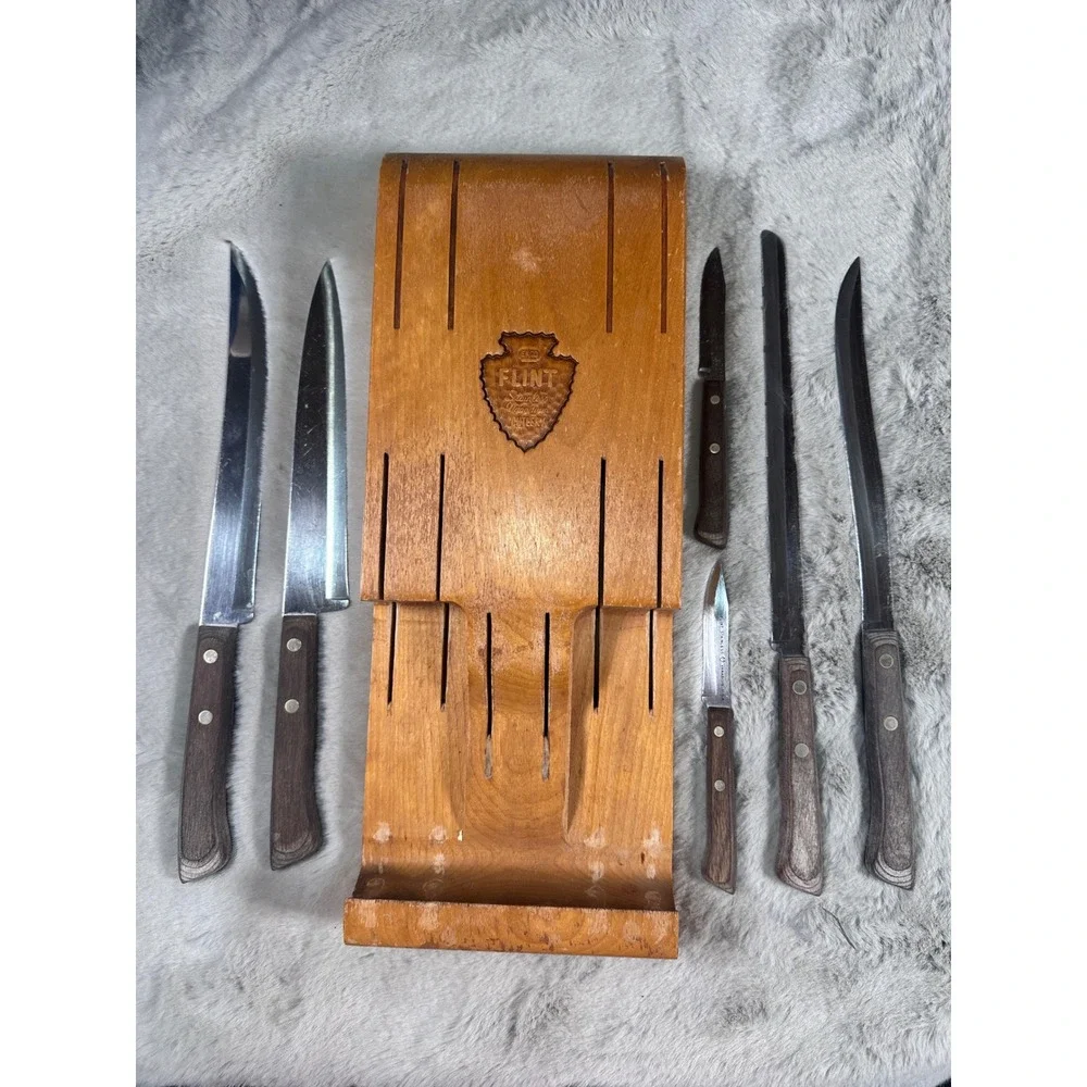 Vtg MCM EKCO Flint Vanadium Set Arrowhead Stainless Wood Block 7pc Wall Mount